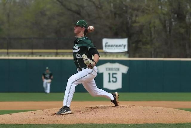 Drake Fontenot pitches in DII baseball. 